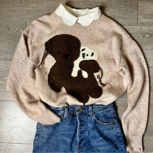 Cashmere Cotton Blend Distressed Teddy Bear Sweater Whimsical Graphic Knit